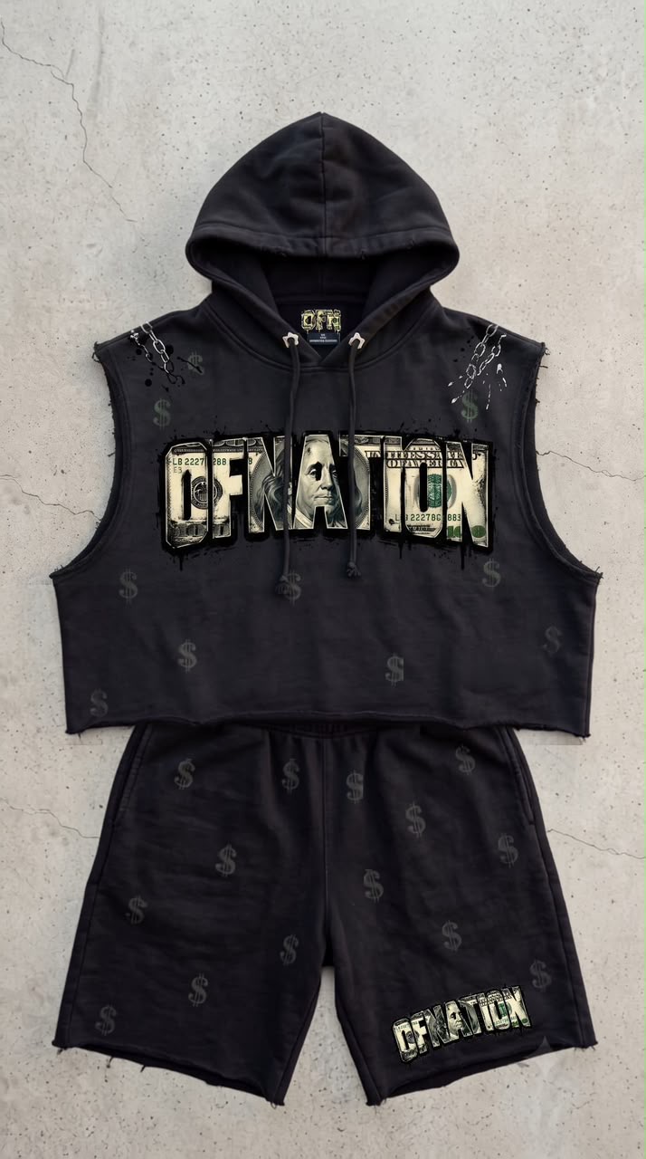 Currency Code Sleeveless Hoodie & Shorts Set